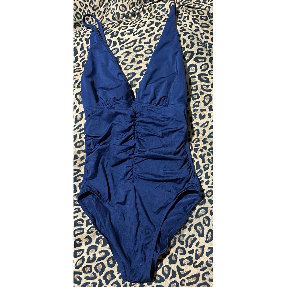 Calvin Klein Women's Navy Ruched Slimming Double V One Piece Swimsuit, Size 6‎